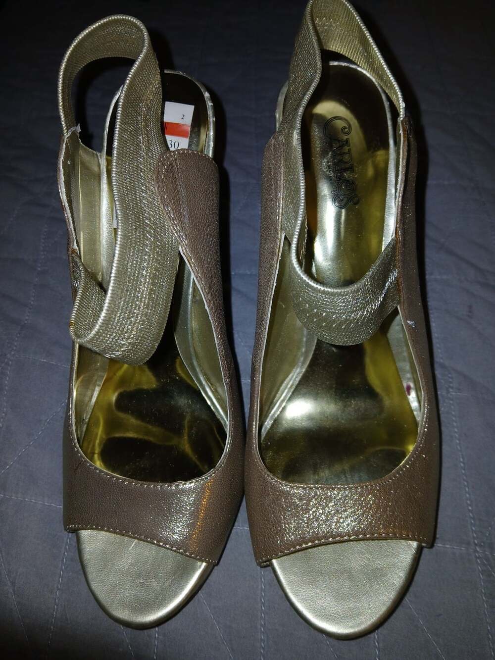 Carlos by Carlos Santana Gold Metallic Peep Toe Slingback Heels